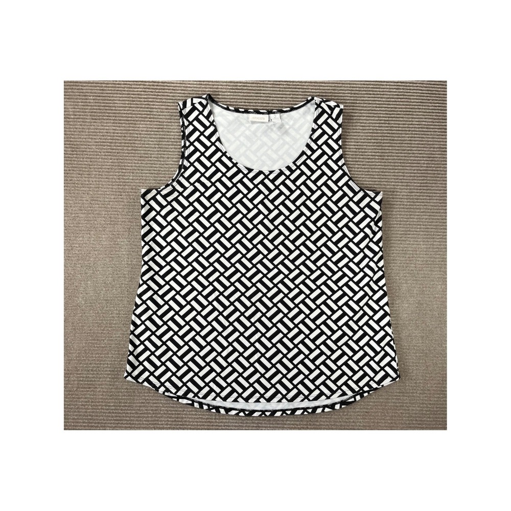 Chicos Black White Geometric Basketweave Tank Top Scoop Neck Women Size 2